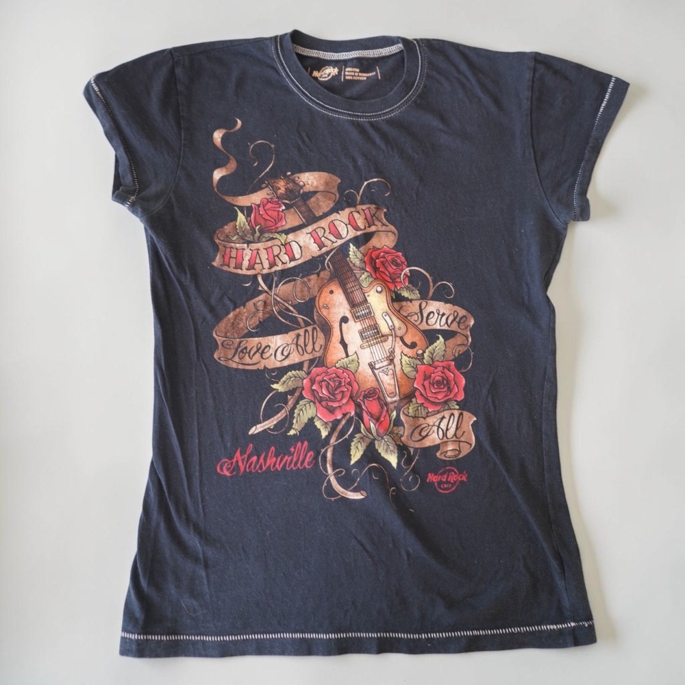 Hard Rock Cafe Nashville Graphic T-Shirt Women's M Black Roses Guitar Tattoo